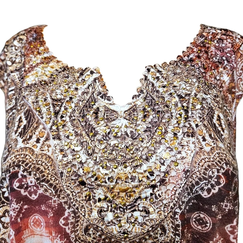 Catherines 3X Sleeveless Embellished Top Boho Baroque Paisley Gold Rhinestone - Picture 4 of 11
